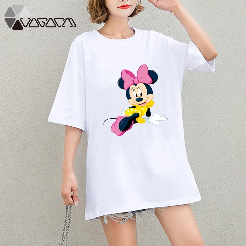 

Summer Clothes Women Sexy Minnie Mickey Mouse Tops Short Sleeve White Loose Cartoon Long Tee Plus Size T Shirt Casual Femme Wear