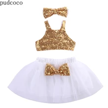 Детский комплект одежды из 3 предметов для маленьких девочек, жилет с золотыми блестками, топы+ белая юбка-пачка+ повязка на голову с золотым бантом, вечерние торжественные комплекты одежды
