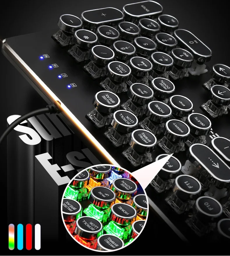 

E-Sports Steampunk Retro Round Keycap USB Wired Backlit Mechanical Gaming Keyboard Blue Black Switch Full Antighost Keys
