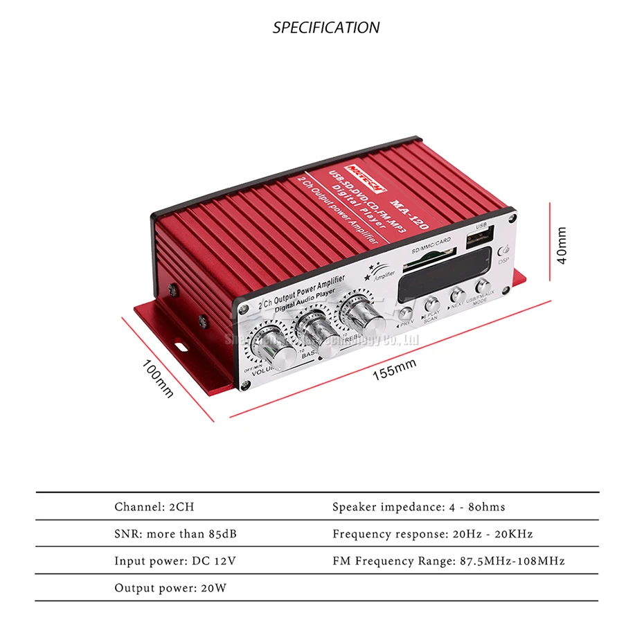 NKTECH MA-120 Автомобильный цифровой аудио плеер Усилитель мощности мини 2x20 Вт HiFi стерео Бас SD USB CD DVD MP3 FM домашний аудио Предварительный усилитель