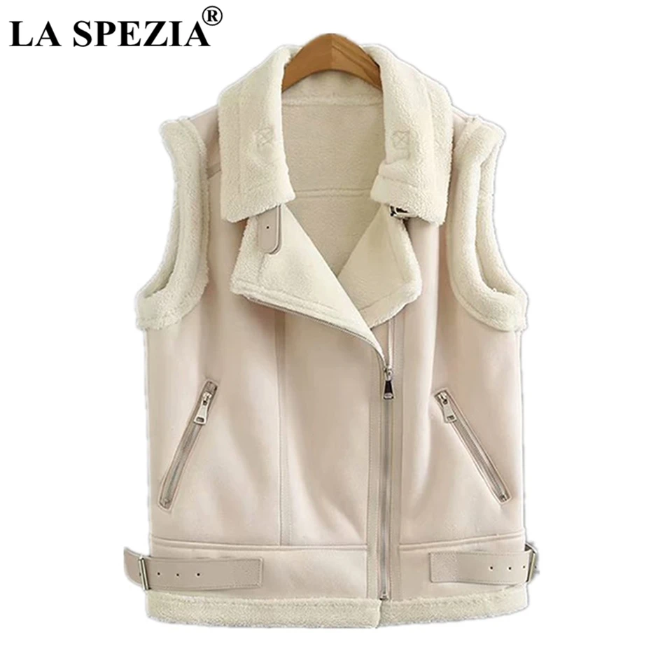 LA SPEZIA Black Waistcoat Women Winter Solid Biker Vest Female Zipper Suede Leather Warm Short Thick Ladies Sleeveless Jackets