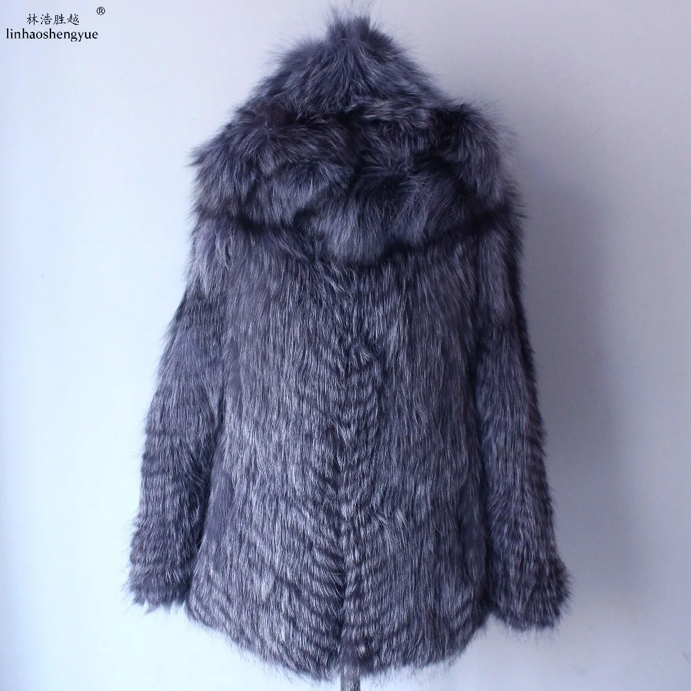 

Linhaoshengyue Real Silver Fox Fur Coat for Women Winter Warm 70cm Long 60cm Sleeve