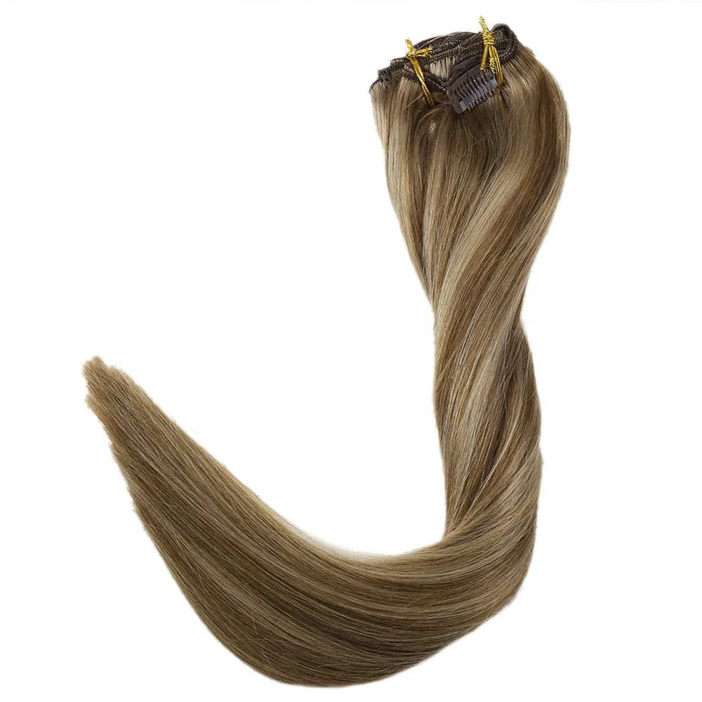 

Full Shine 9 Pcs Clip in Hair Extensions #10 Highlighted With #16 Blonde 100% Machine Remy Double Wefted Extension 100g