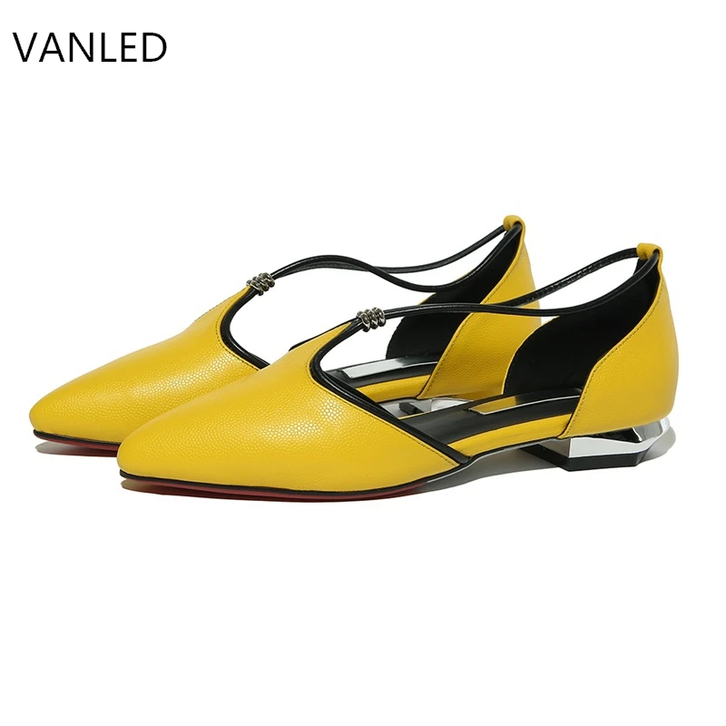 

Women Sandals Genuine Leather women shoes Pointed toe Mixed color Yellow Green Ankle Strap Summer party shoes Big size 4~10