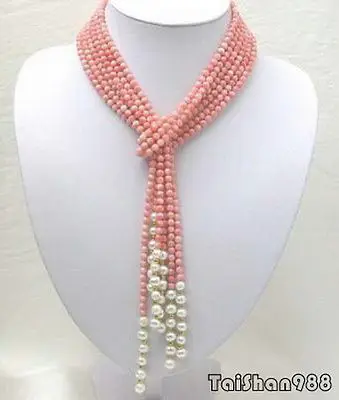 

FREE SHIPPING>>>@@ Hot sale S>>New Fashion Genuine White Pearl & Pink Coral Ladys 50" Tie Bunch Choker Necklace