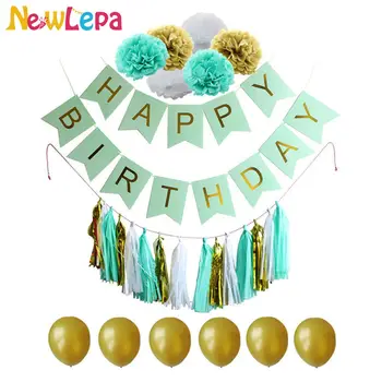

One Set Happy Birthday Banner Paper Pom Paper Tassel Garland Gold Balloons Photo Background Birthday Decoration Party Home Paper