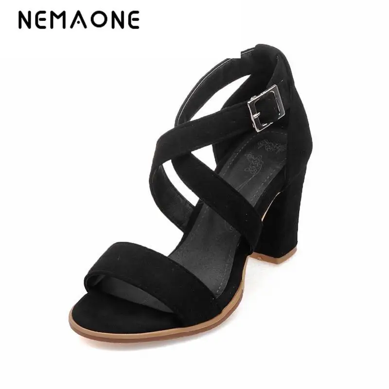 

NEMAONE big.size 4-12 Lady Sexy Casual Open Toe Summer Sandals For Female Square Med Heels Buckle Strap Shoes Drop Shipping