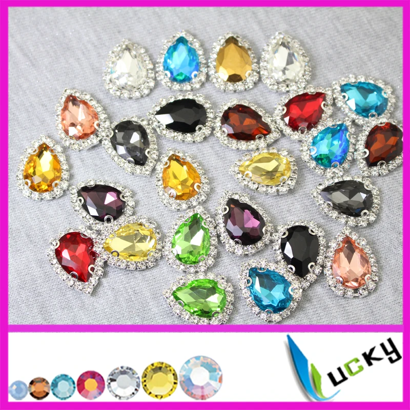 

36pcs MIX colors 13x18mm pear shape point back crystals with cup chain link settings rhinestones buttons for jewelry making