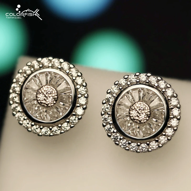 

COLORFISH 925 Sterling Silver Round Stud Earring Full Pave Cubic Zirconia Fashion Bridal Engagement Wedding Earrings For Women