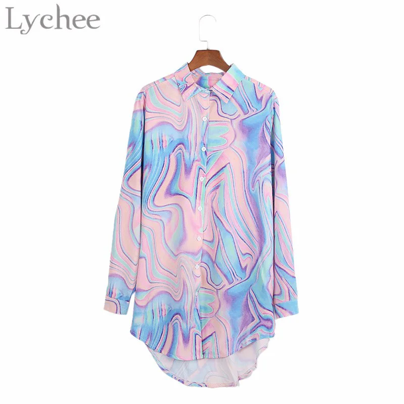 

Lychee Harajuku Vintage Women Shirt Rainbow Paisley Gradient Chiffon Laser Casual Loose Long Sleeve Shirt
