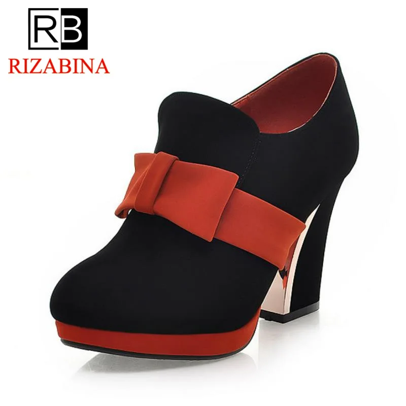

RIZABINA Size 32-43 Women Ankle High Heel Boots Bowtie Platform Warm Fur Shoes Autumn Winter Botas Short Boots Women Footwears