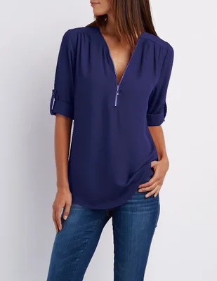 Женские рубашки на молнии с коротким рукавом, сексуальные женские топы с v-образным вырезом, блузки, повседневные футболки, женская одежда размера плюс - Цвет: Тёмно-синий