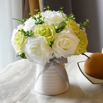 

Free Shipping Artificial Flower Bouquet Home Decoration Wedding Event and Party Living Rose Flower Props Ceramic Vase Flower