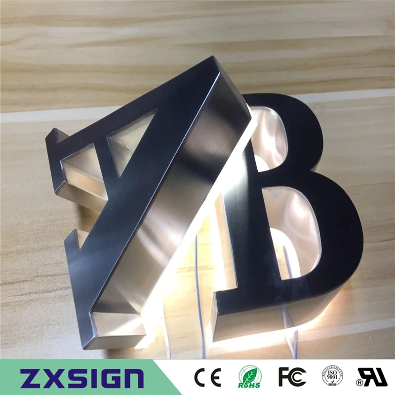 Outdoor waterproof stainless steel backlit letter shop signs, halo lit LED signages, rear lit metal signboards