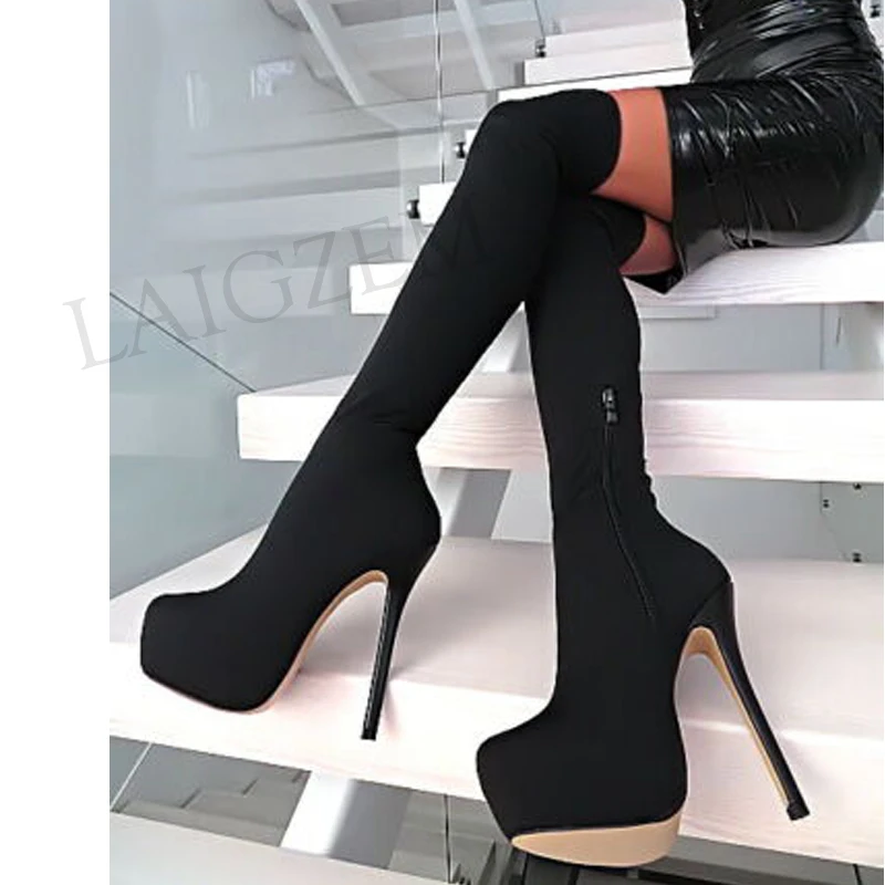LAIGZEM Women Faux Suede Black Over the Knee Boots Platform Side Zip Party Heeled Boots Shoes Botines Mujer Botas Big Size 19 (6)