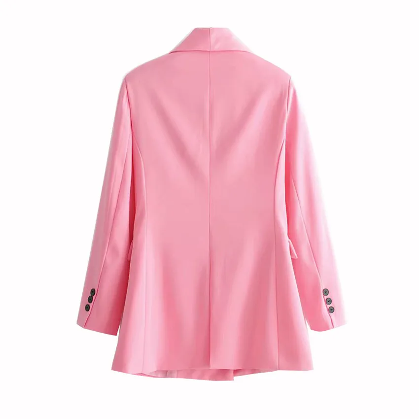 Женский стильный розовый блейзер, двубортный, с карманами, с длинным рукавом,, повседневное одноцветное пальто, женская офисная одежда, верхняя одежда, топы