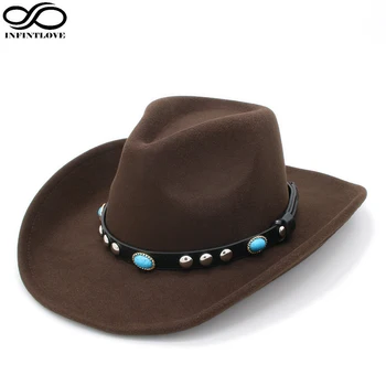 

LUCKYLIANJI Unisex Wool Felt Vintage Turquoise Leather Ribbon Hondo Crown Anallergisch Adjustable Strap Cowboy Western Jazz Hat
