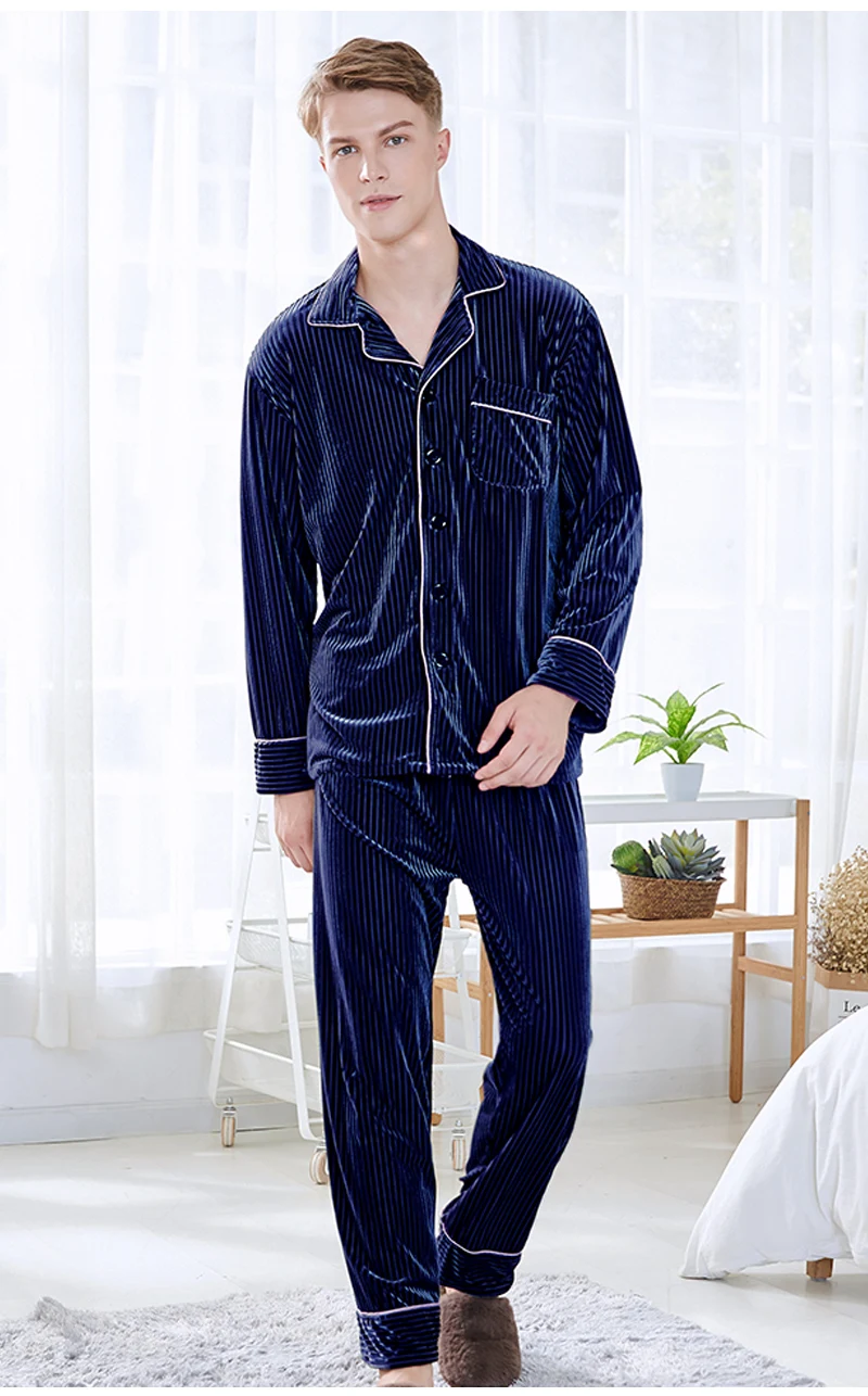 2018 пижамы Для мужчин зимняя рубашка с длинными рукавами + брюки Для мужчин детские пижамы набор мягкого велюра Для мужчин Пижама домашняя