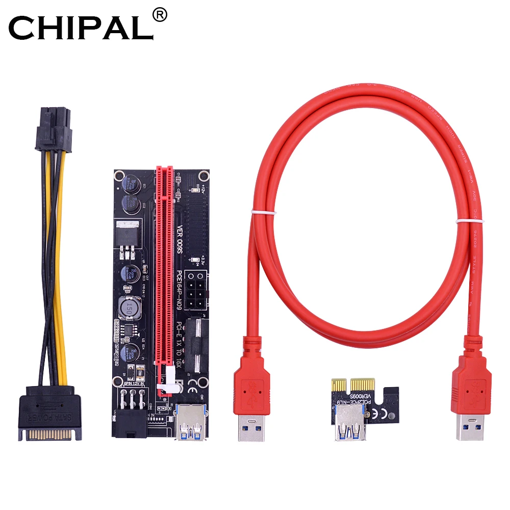 

CHIPAL 10PCS VER009S PCI-E Riser Card 009S PCIE 1X to 16X Extender + LED + 60CM USB 3.0 Cable Molex Power Supply for BTC Miner