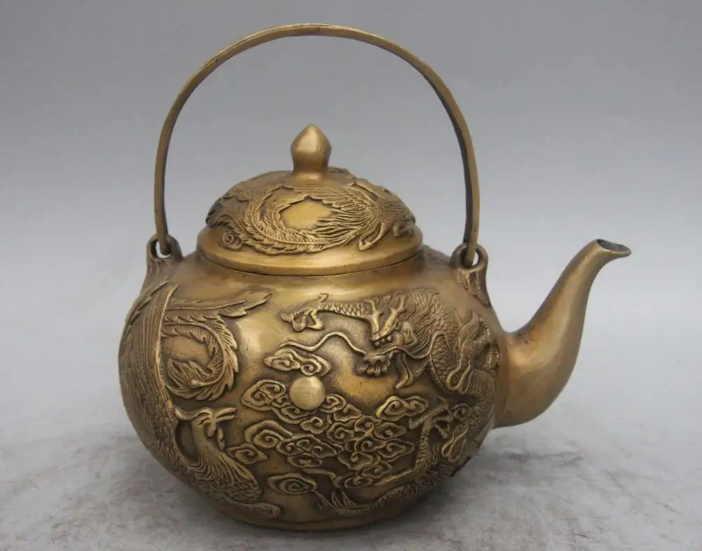 Chinese Royal Bronze Copper Dragon Phoenix Play Bead Wine Tea Pot Flagon teapot Chinese Royal Bronze Copper Dragon Phoenix Play Bead Wine Tea Pot Flagon teapot