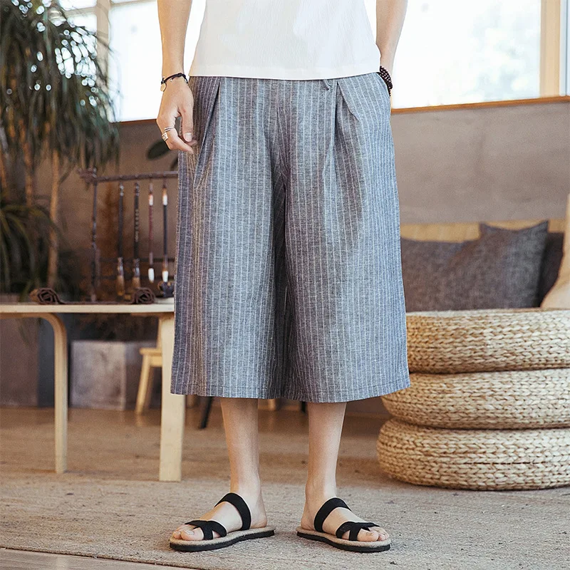 

#4613 Summer Straight Wide Leg Pants Men Loose Elastic Waist Vertical Stripe Vintage Kimono Pants Men Cotton Linen Trousers 3XL