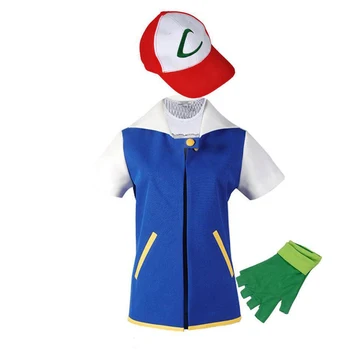

Teen Pokemon Anime Costume Pokemon Xiaozhi Role Playing Blue Jacket + Gloves + Hat Halloween Party Costume