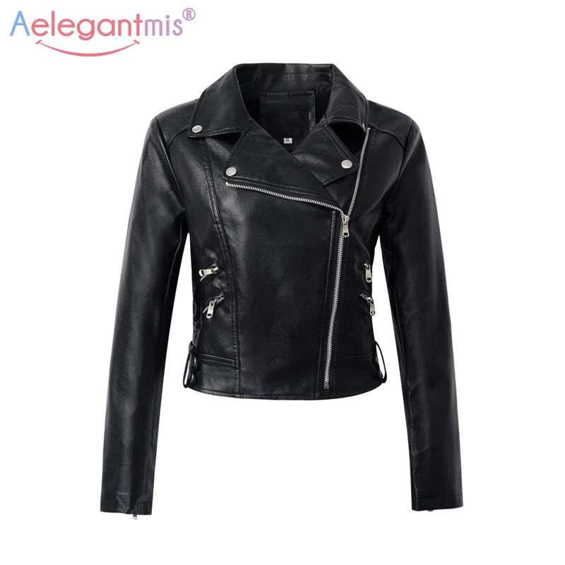 

Aelegantmis European Style Women Soft Pu Faux Leather Jackets Lady Motorcyle Zippers Biker Jacket Casual Slim Short Coat Autumn