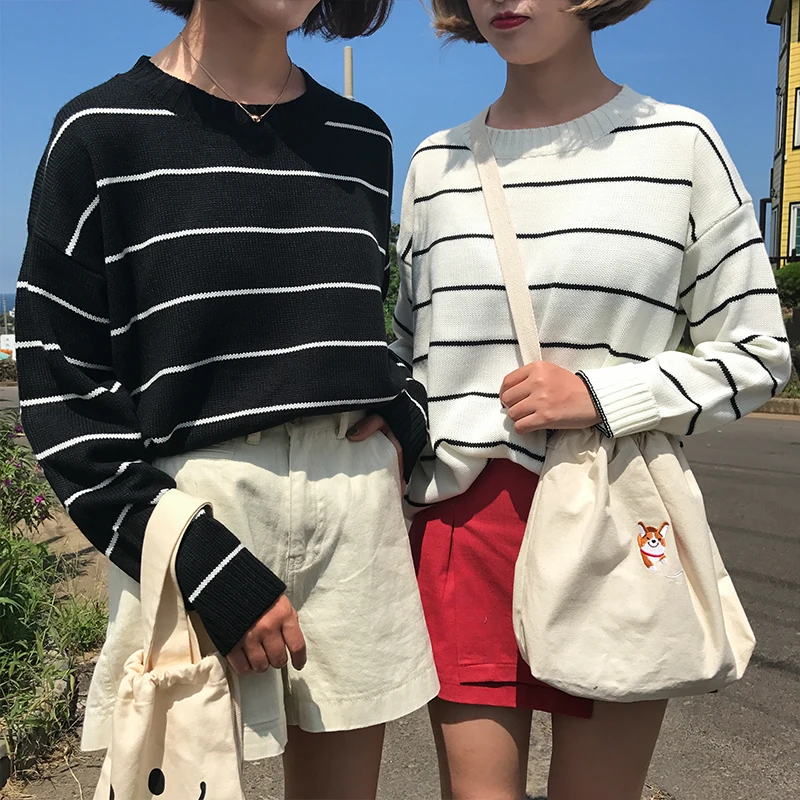 

15 colors 2021 autumn preppy style Pullovers Sweaters Basic O neck Knitted Sweater Autumn Loose Striped sweaters womens (X191)