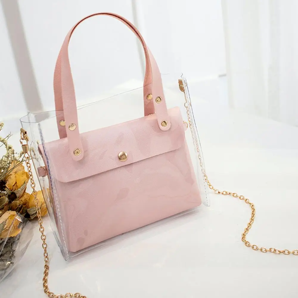 

2pcs/set Summer New Fashion Bag Transparent Letters Solid Color Inner Bag Large Capacity Bucket Bag Women Clutch Crossbody Bags