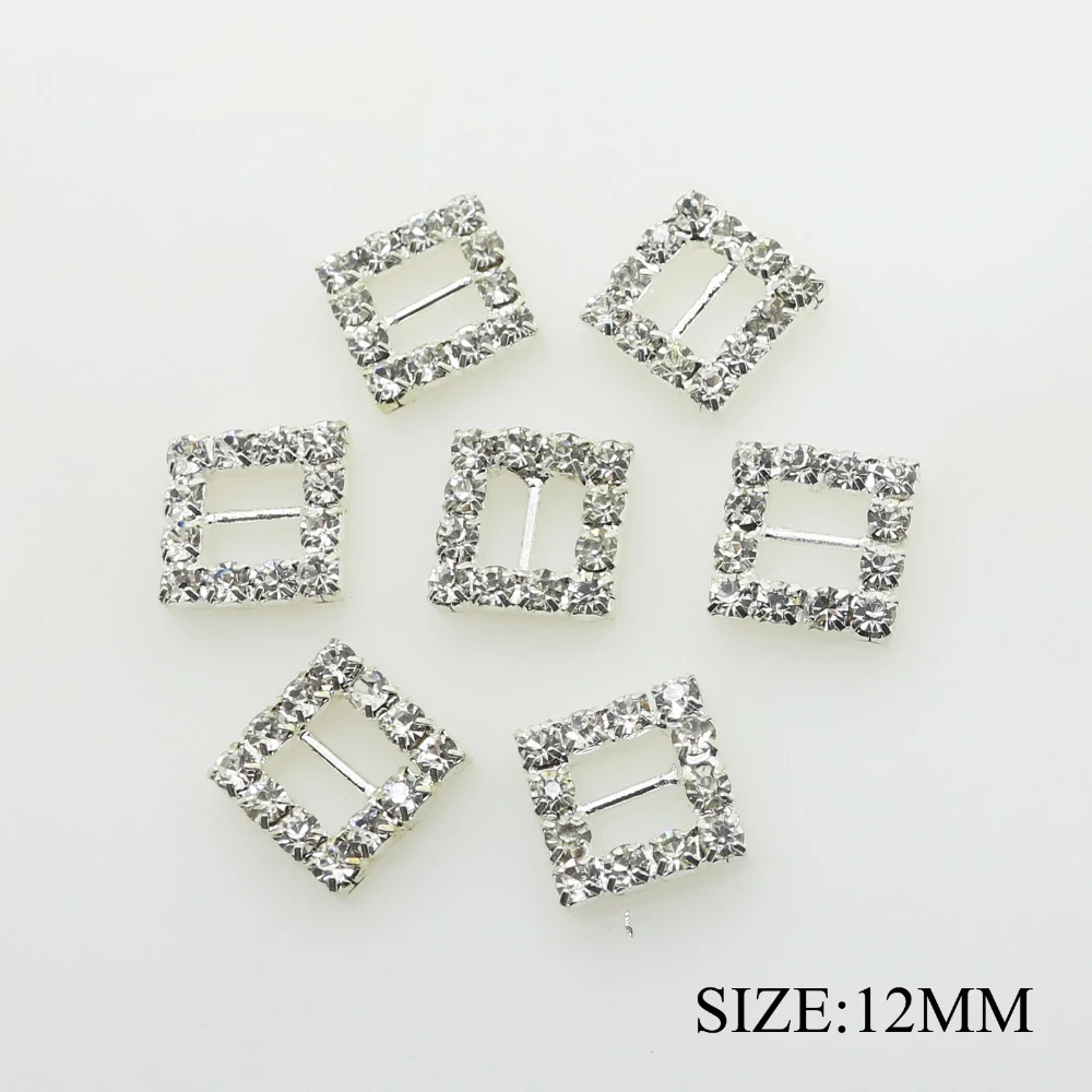 10pcs 14mm Square Crystal Buckles Ribbon Slider Wedding Embellishment Silver