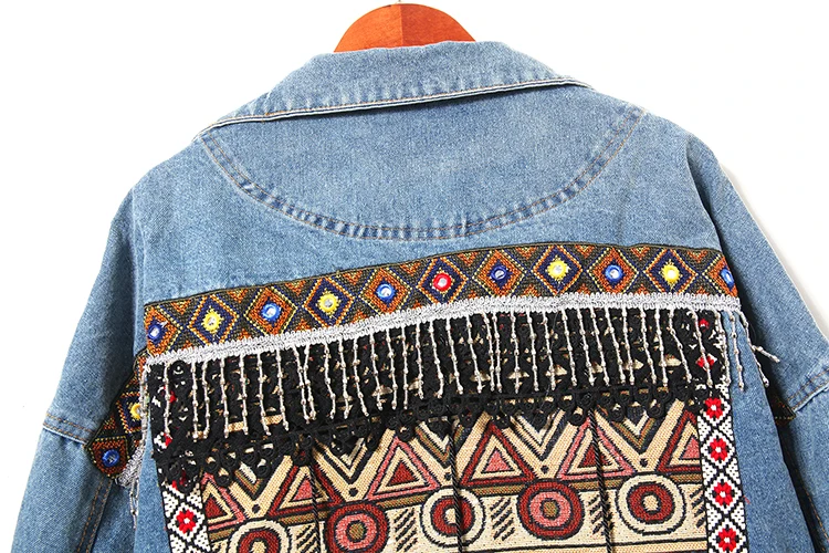 Элегантная джинсовая куртка в этническом стиле ретро, новая свободная куртка с вышивкой и кисточками, топы с длинными рукавами и геометрическим рисунком, верхняя одежда для ковбойских девушек
