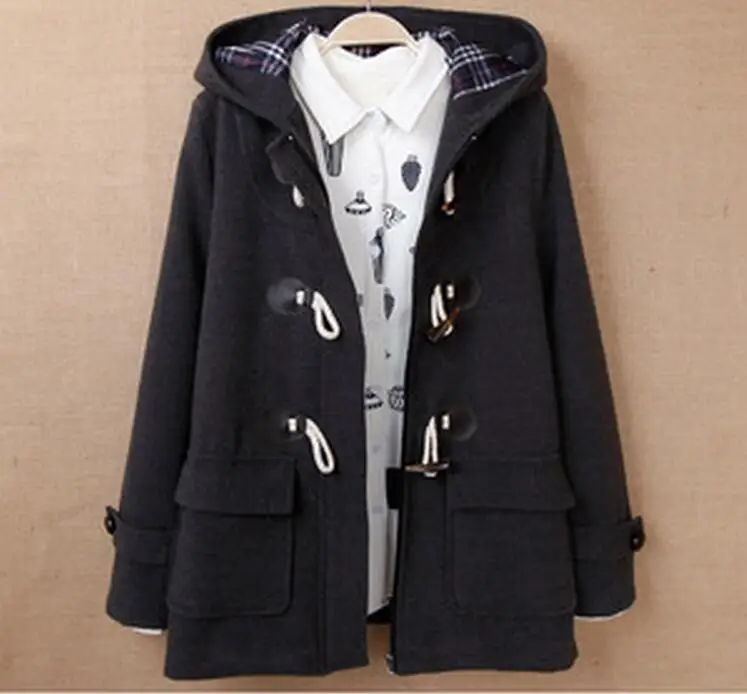 Дафлкот длинный отложной пуговица из рога капюшон воротник шерстяное пальто с широкой талией manteau femme верхняя одежда зимние пальто FC247 - Цвет: Dark gray