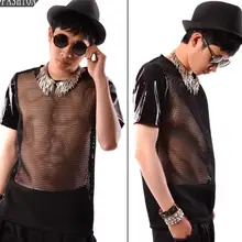 Тонкий сексуальный рубашка Мужская Большой Сетки из лакированной кожи рубашка с короткими рукавами корейский рубашки мужские личности этап певица Танцы черный