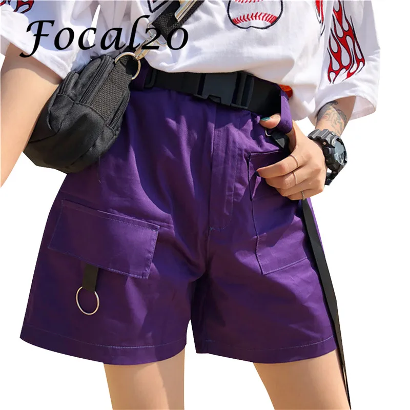 Focal20, уличная одежда, пояс, шнуровка, карман, женские шорты, комбинезоны, эластичные, высокая талия, летние, повседневные, одноцветные, женские шорты - Цвет: Purple