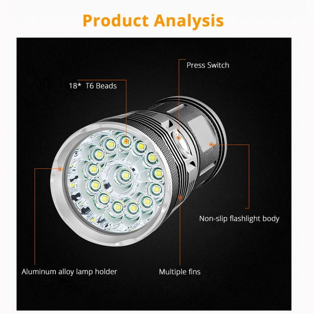  High Powerful LED flashlight 18*T6 LED torch flash light waterproof Portable Searchlight with 4*186 - 32910834190