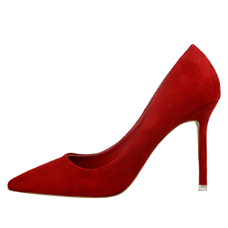 BIGTREE/фиолетовые туфли на высоком каблуке; Новинка года; неглубокие черные женские офисные туфли; Свадебные вечерние туфли; туфли-лодочки из флока с острым носком; Цвет Красный