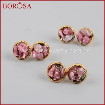 

BOROSA 5pairs Gold Color Natural Red Tourmaline & Pyrite Stud Earrings 12mm Round Gems Womens Stud Earrings G1247