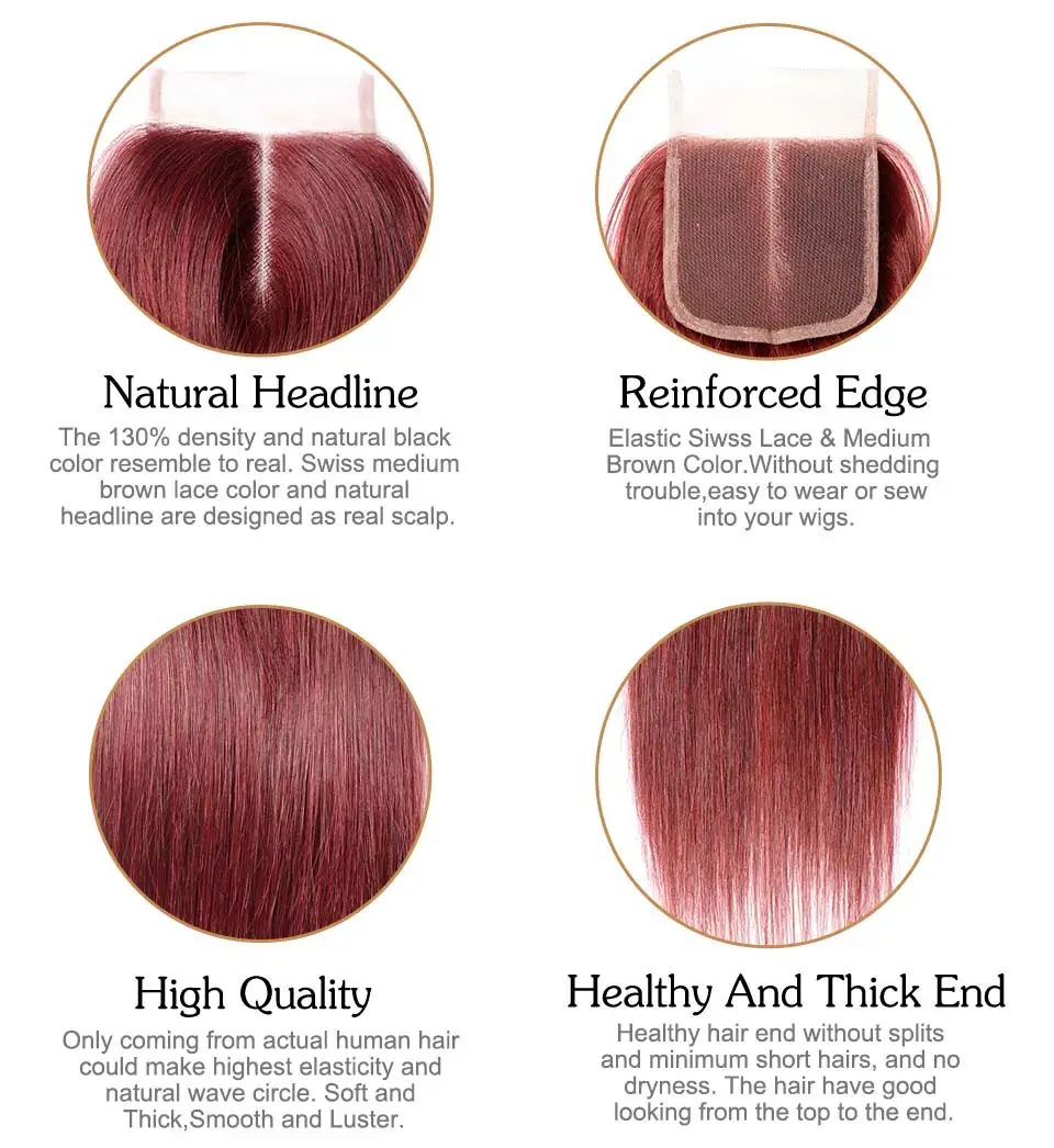 Bold Red 99J Hair 3 Bundles With Closure Burgundy Brazilian Straight Human Hair Weave Bundle With Closure Pinshair Nonremy Cheap (101)