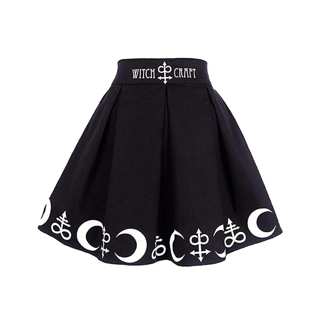 Летние юбки со страусом, Женская плиссированная мини-юбка в готическом стиле, в стиле панк, колдовство, луна, волшебное волшебство, символика, мини-юбка, faldas mujer moda