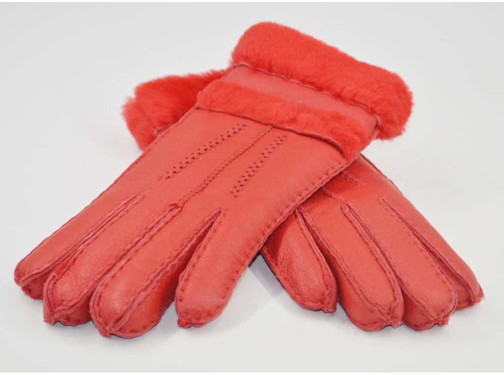 Women New Designer Real Sheepskin Leather Wool Fur Gloves Lovely Girls Sheepskin Leather Very Warm Winter Gloves Mittens