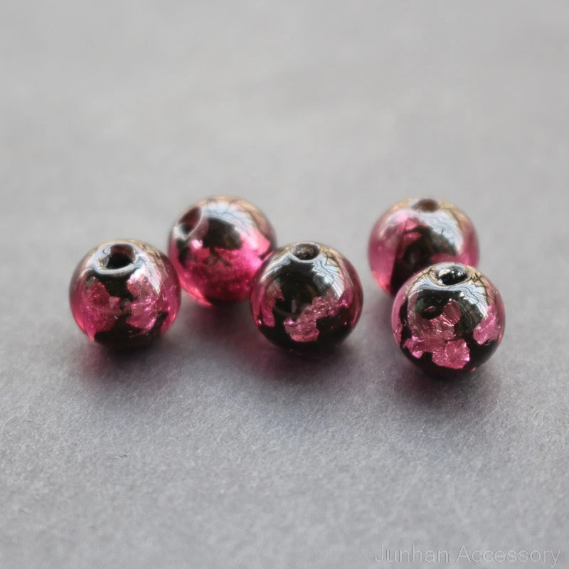 

10pcs/Lot 10mm 12m'm Black beads with Hot pink foil beads Handmade Lampwork Beads Round for jewelry Making 3725