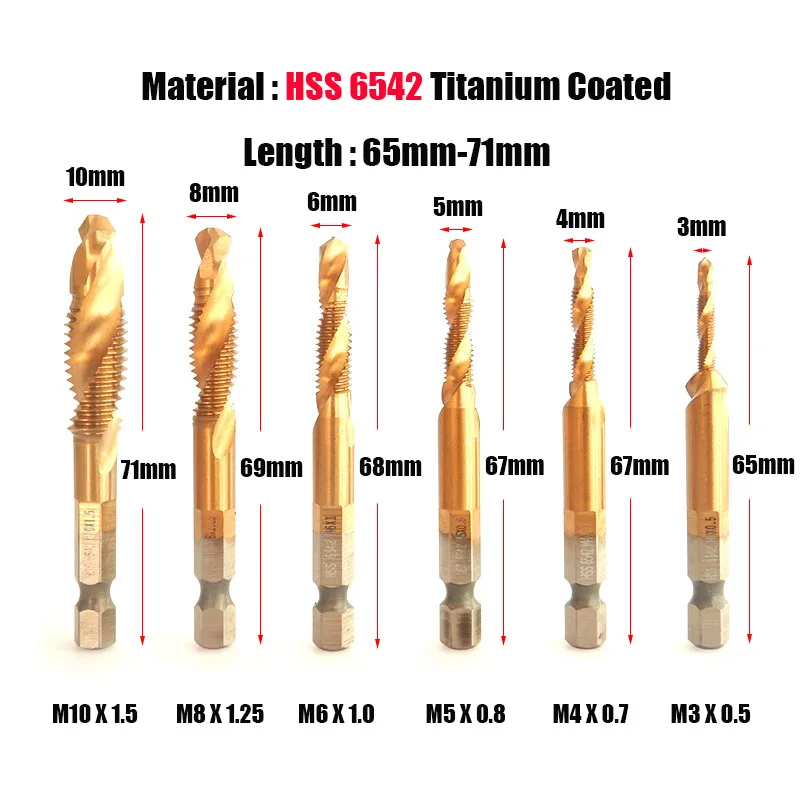 

6pcs HSS Screw Tap Hand Tap Drill Hex Shank Titanium Plated Screw Spiral Thread Metric Tap Drill Bits M3-M10 Thread File Tapper