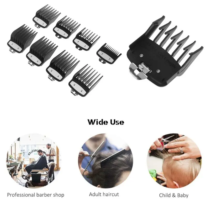 8PCS/SET Professional Cutting Guide Comb for Wahl Electric Trimmers with Metal Clip 3171-500-1/8in to 1in Set Black Guide Comb