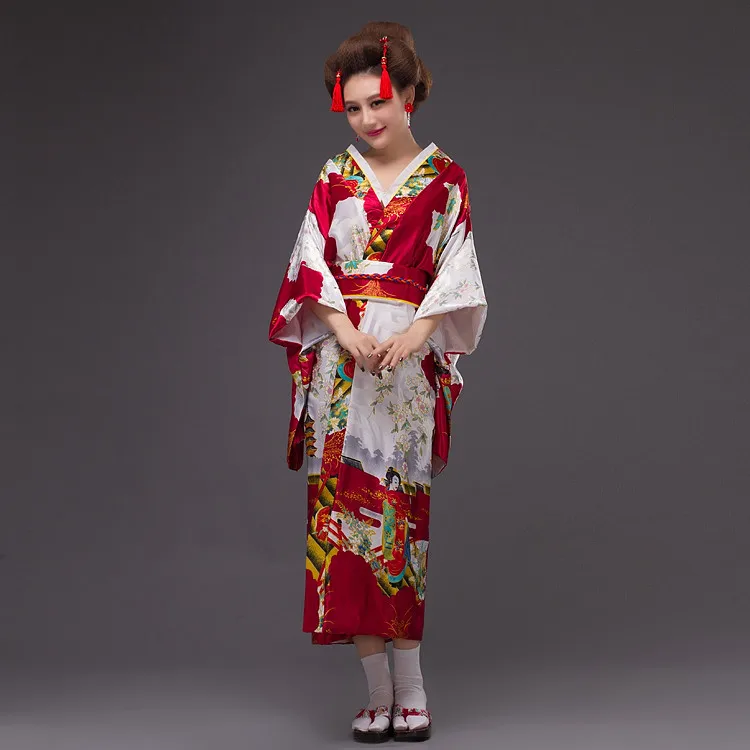 Розовые новые Японские Женские шелковые атласные кимоно юката вечернее платье Haori кимоно с Obi кимоно японской гейши один размер - Цвет: Burgundy