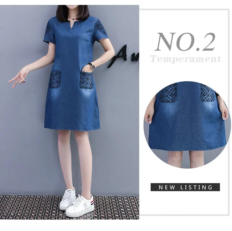 New Fashion Embroidery Dresses Women 2018 Summer Blue Denim Dress Women Casual Short Sleeve Large Size Dress Vestidos Mujer S-5XL (3)