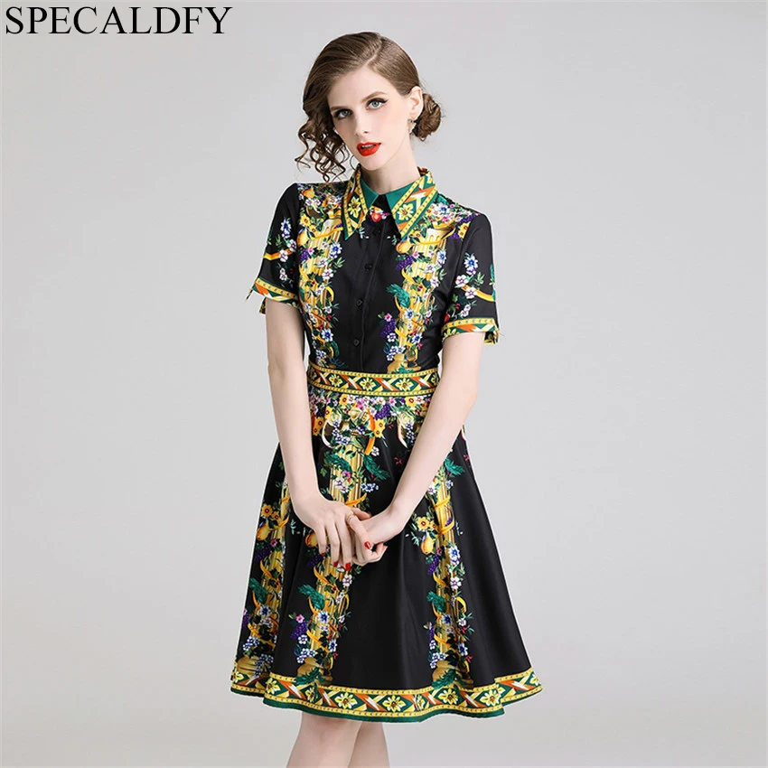 

2019 Summer Dress Women Short Sleeve Vintage Luxury Print Designer Runway Dress Midi Shirt Dress Vestidos Ropa Mujer Robe Femme