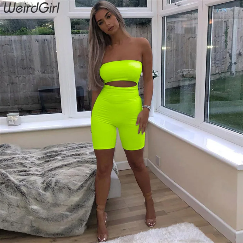

Weirdgirl women playsuits neon green slash neck fashion sexy hollow out fitness slim elastic strapless femme pants summer new