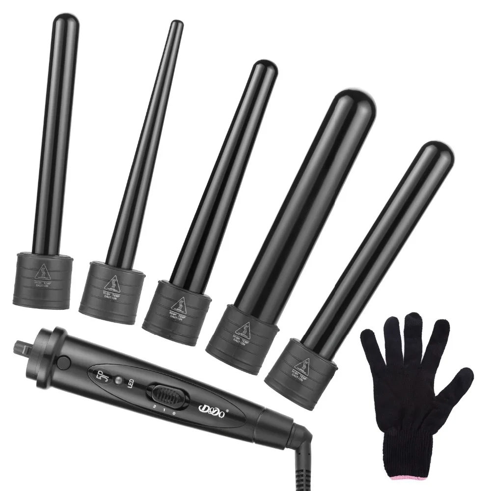 

5 in 1 Professional Curling Iron and Wand Set Interchangeable Ceramic Tourmaline Barrel Hair Curler With Heat Resistant Glove