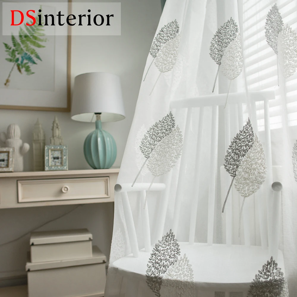 

DSinterior leaves design Embroidered Sheer Curtain for Living Room or bedroom Window