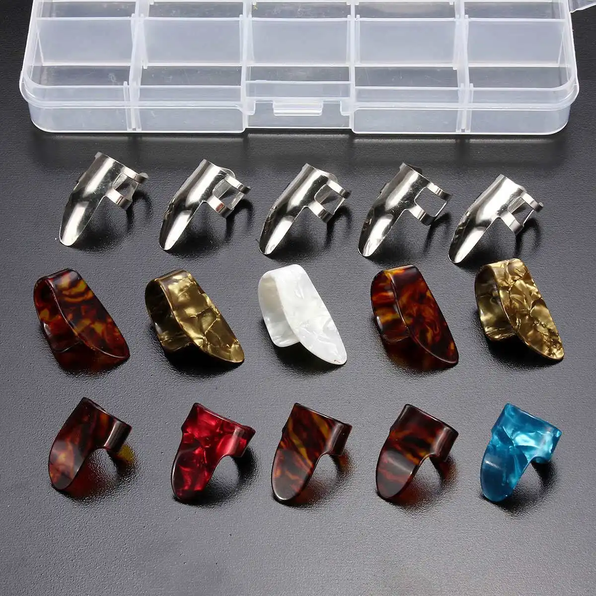 15x Celluloid Metal Plastic Multicolor Finger Thumb Guitar Picks